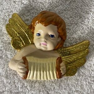 5/$35 Vintage Hand Painted Angel Cherub W Accordion Ceramic Christmas Ornament